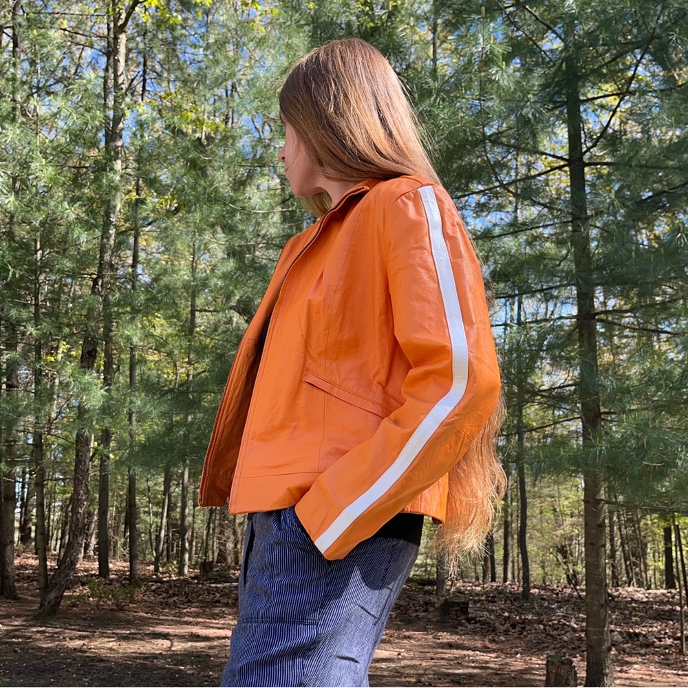 Y2K Metro Style Neon Orange Racing 100% Genuine Leather Jacket Women’s Size L - Picture 7 of 16